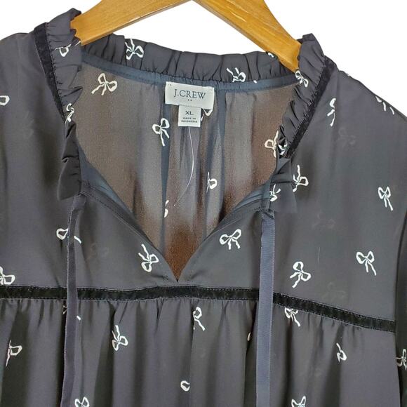 J Crew Velvet Tie Neck Top Bow Print Womens XL Black Ivory Blouse Long Sleeve - Picture 3 of 14
